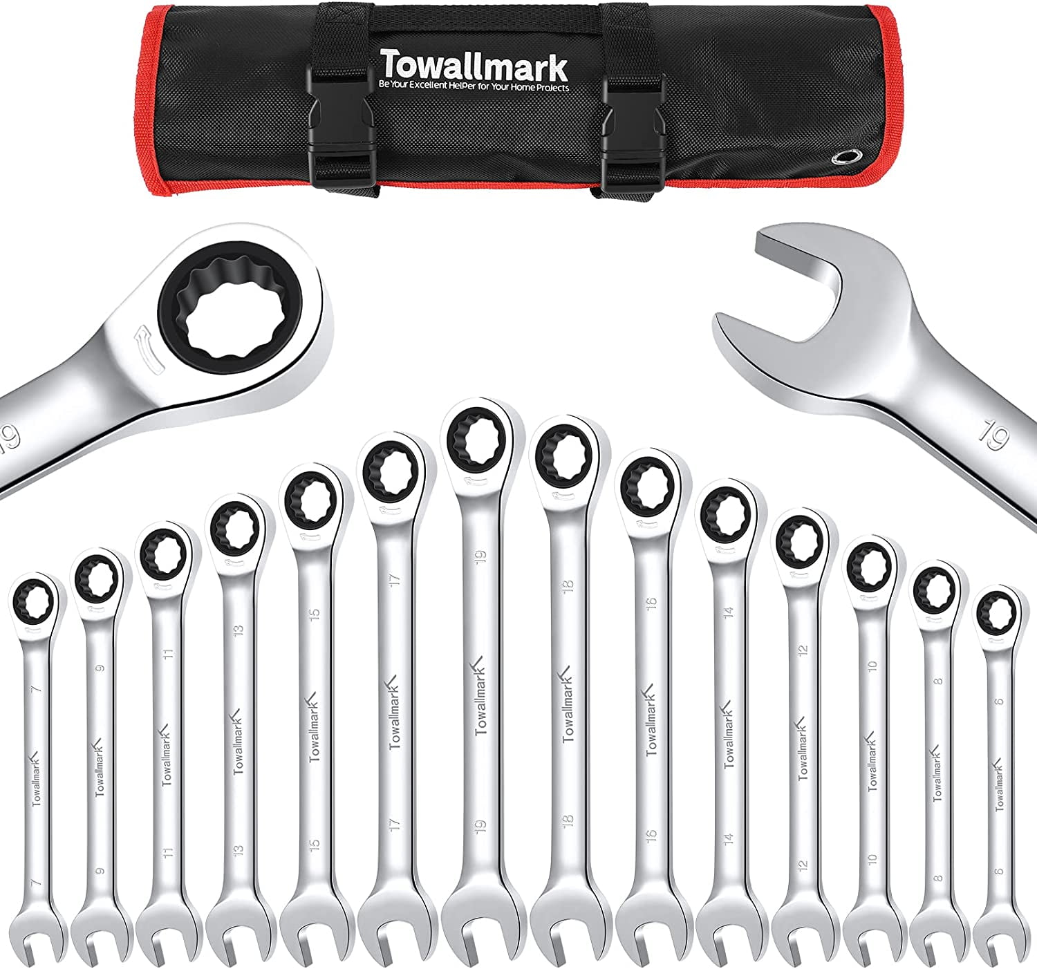 TOHOME 12-Piece Metric Ratcheting Wrench Set (8-19mm) - 72-Tooth Flex-Head, Chrome Vanadium Steel