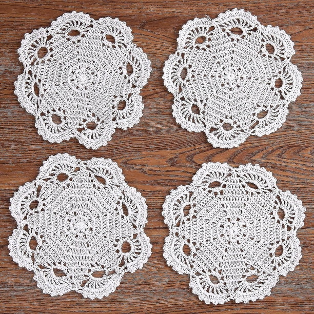 2024, manteles individuales de encaje de ganchillo de algodón hechos a mano Posavasos, 8 pulgadas 4 piezas (blanco)