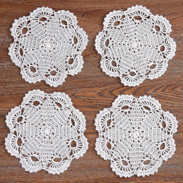 2024, manteles individuales de encaje de ganchillo de algodón hechos a mano, posavasos, 8 pulgadas, 4 piezas (blanco)