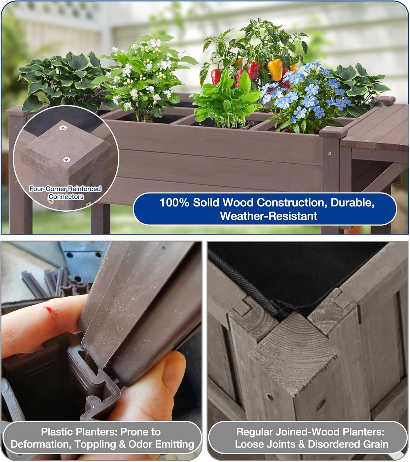 MEDEHOO Raised Garden Bed Outdoor with Wheels, 52.7" Elevated Wooden Garden Bed with 8 Planter Boxes, Removable Dividers, Storage Shelf, Standing Mobile Planter with Non-Woven Liner