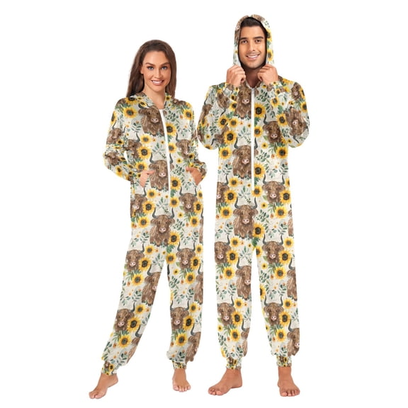 Adult Christmas Onesie Sunflower Highland Cows Adult Zipper One-Piece Pajamas Unisex Pajamas with Pockets