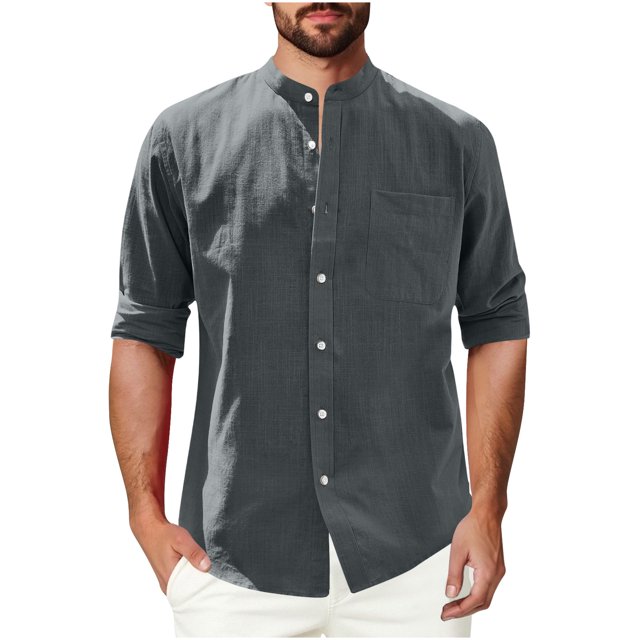Mgmyaa Men's Cotton Linen Shirts Long Sleeve Button Down Shirt Band Collar Beach Shirts