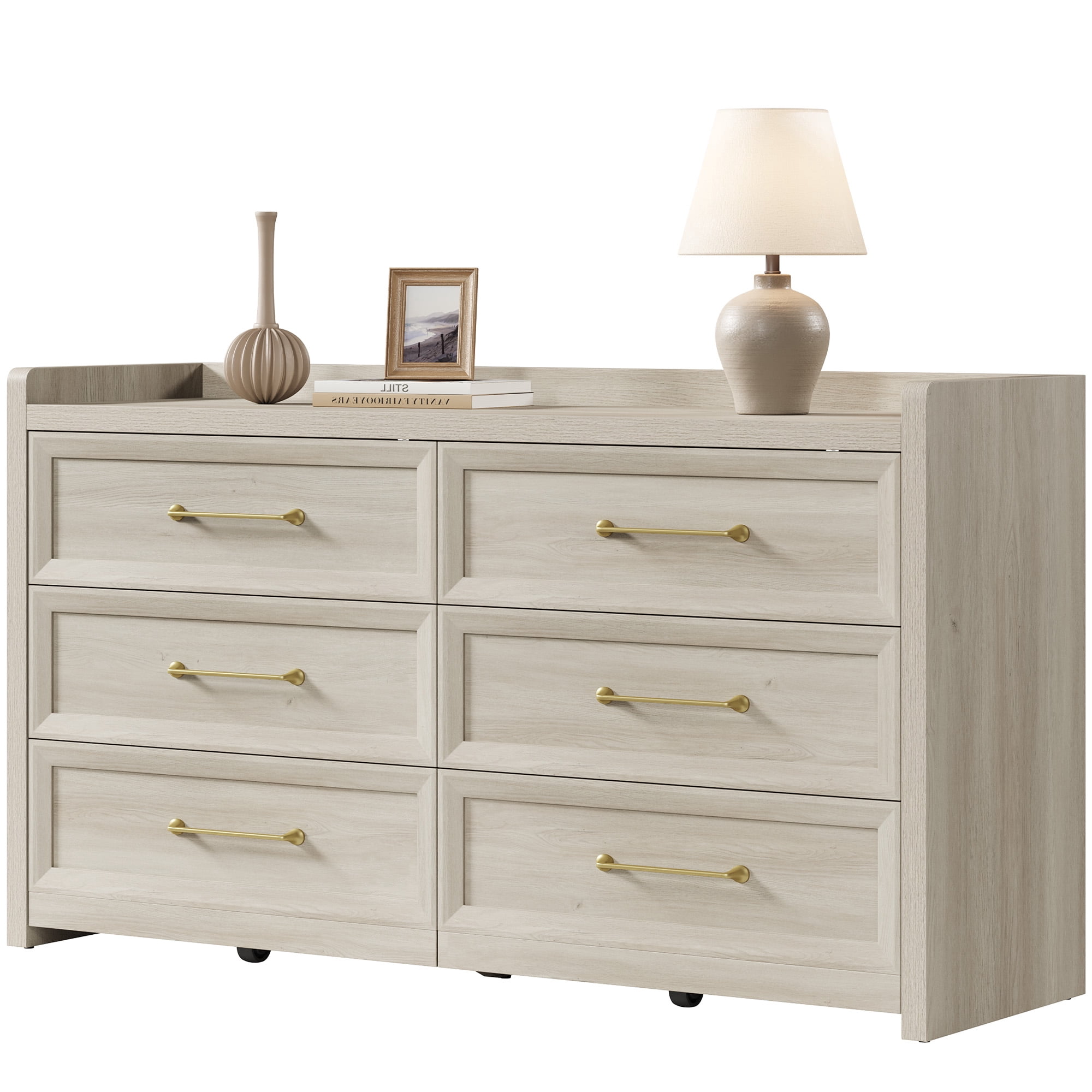 SICOTAS 56.4"W Farmhouse 6 Drawer Double Dresser, Long Chest of Drawers with Brass-tone Handles & Rolling Wheels, Wooden Dresser Storage Cabinet for Bedroom Living Room, White Oak