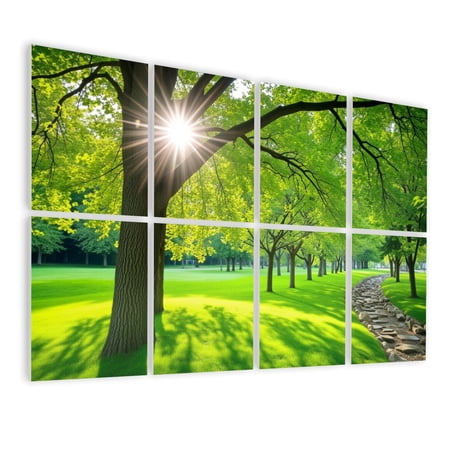 8 Pack Art Acoustic Panels Sound Absorbing Sunlit Green Park Tall Trees Radiant Sunbeams Grass Pathway Decorative Soundproof Wall Panels Self Adhesive for Nursery Game Room Bedroom 48 x32