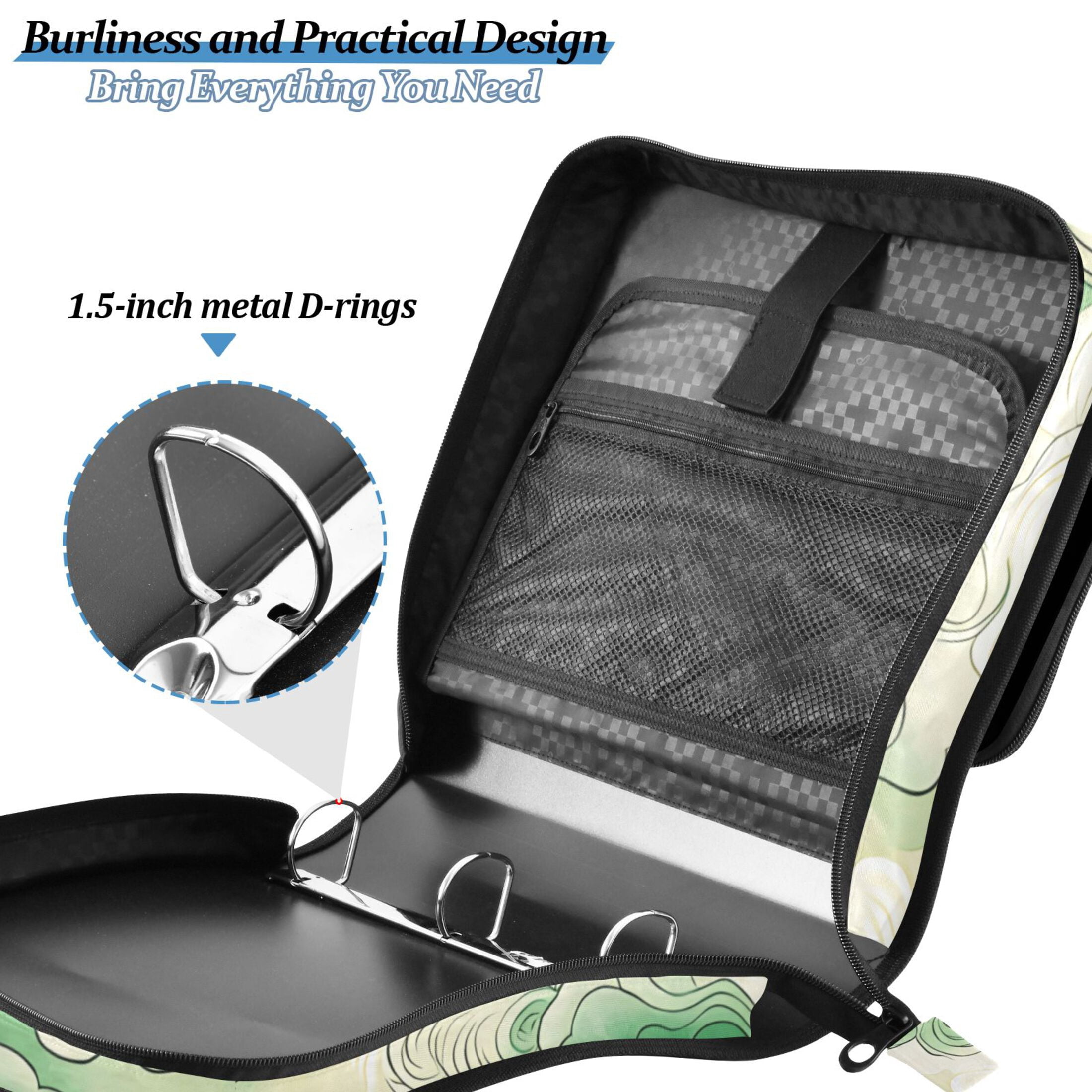 3 Ring Zipper Binder with Shoulder Strap Waterproof Trapper Keeper 2 Inch D-Ring 500 Sheets Capacity Green Auspicious Clouds