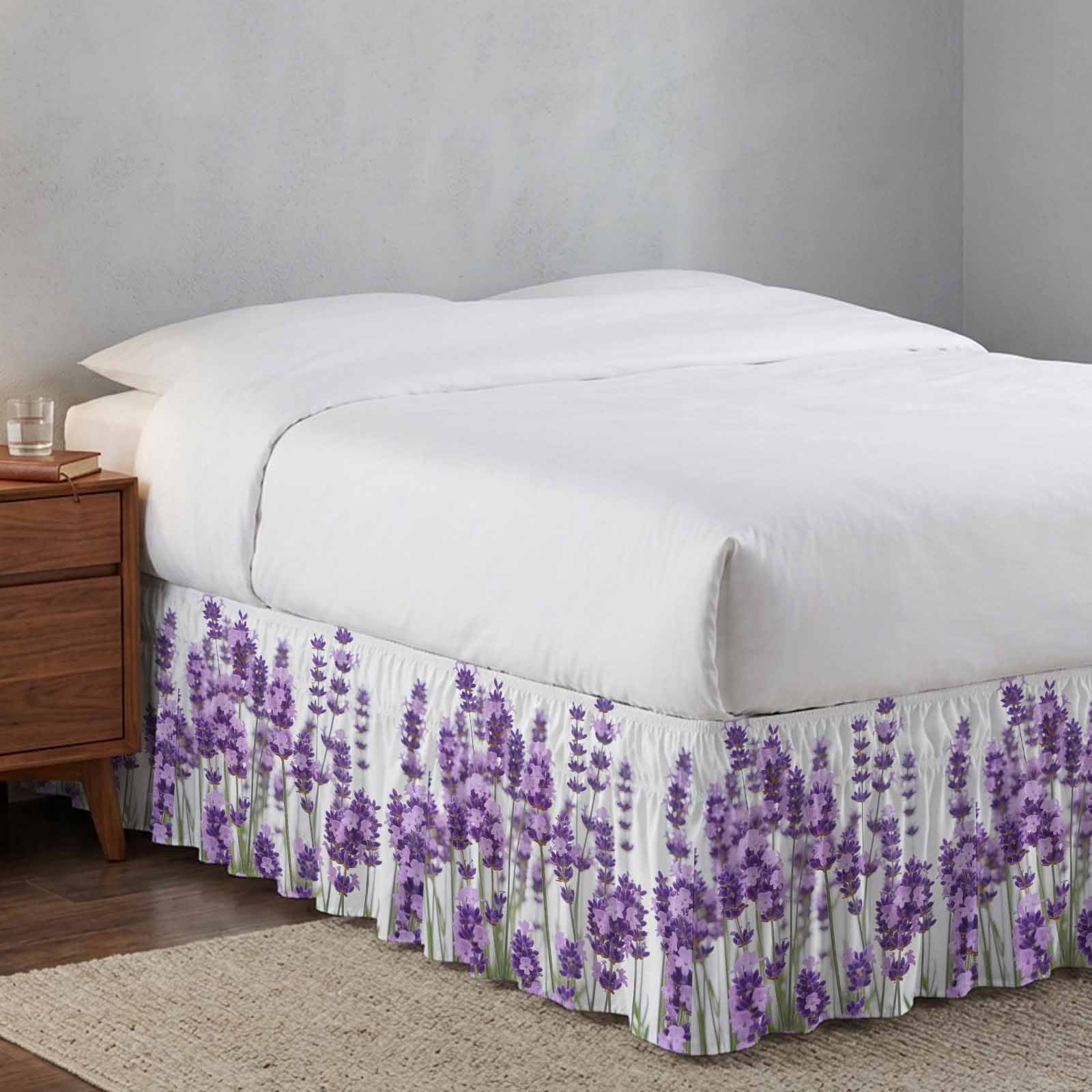 Bed Skirt Lavender Adjustable Elastic Wrap-Around Dust Ruffle with Purple Floral Leaves Plant White Background 18 Inch Drop, Bed Frame Cover for Queen Size Bed
