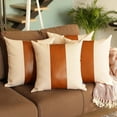 thumbnail image 1 of Bohemian Set of 4 Handmade Decorative Throw Pillow Vegan Faux Leather Solid 20" x 20" Brown & Ivory Square for Couch, Bedding, 1 of 4
