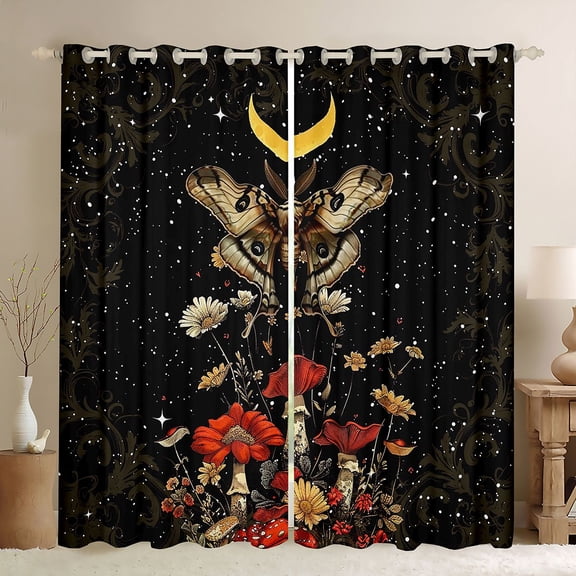 Homewish Boho Moth Black Out Curtains,Colorful Flower Mushroom Curtains Pack of 2 (42x63 Each),Rustic Plant Daisy Bedroom Curtains For Teens,Luxury Bedroom Decor