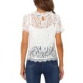 thumbnail image 4 of MODA NOVA Junior's Scalloped Trim Short Shirred Sleeves Sheer Floral Lace Blouse White M, 4 of 7