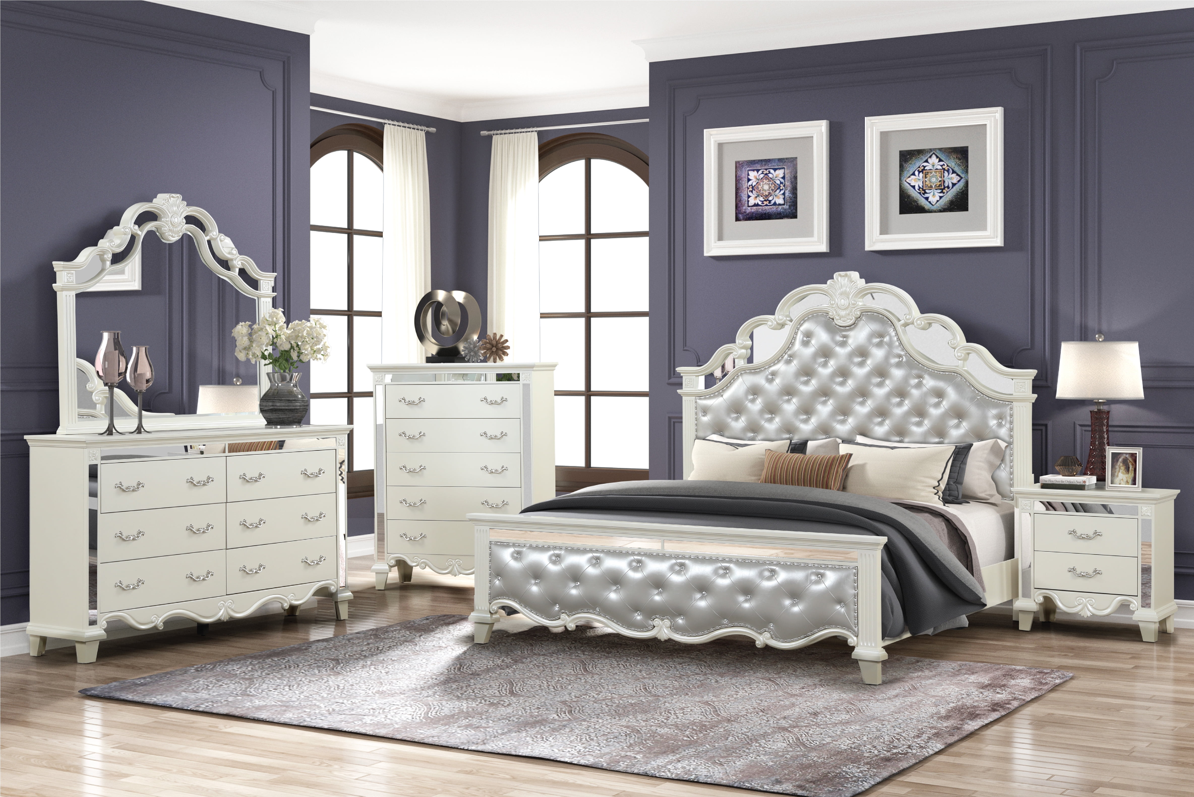 King 5 Pc Tufted Upholstery Bedroom set made with Wood in White