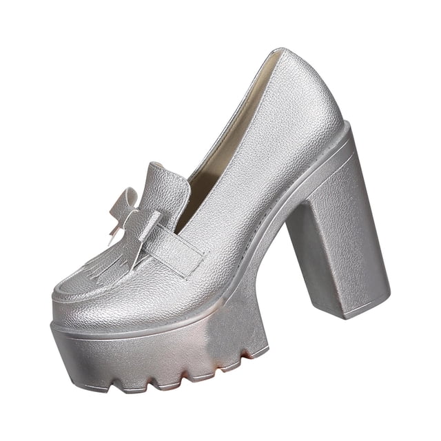 Hopeusnice Women's Leather Shoes Non-Slip Breathable Trendy Soft Pumps Shoes Thick-Soled Platform Heel PU Materials Summer And Fall Shoes Round Toe Moisture-Wicking Walking Shoes Silver 42