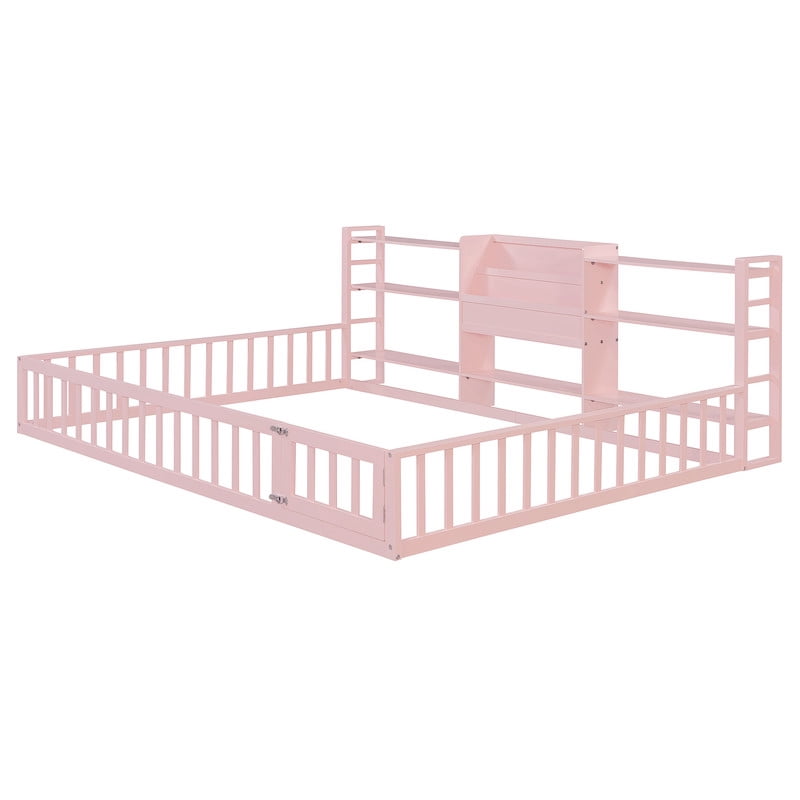 Queen Size Floor Bed Montessori Bed with Integrated Bookcase and 3-Tier Storage Shelves, Wooden Low Profile Toddler Bed Platform Bed with Safety Guardrails for Boys Girls
