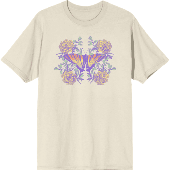 Vintage Floral Gradient Butterfly Adult Natural Crew Neck Short Sleeve Tee-XL