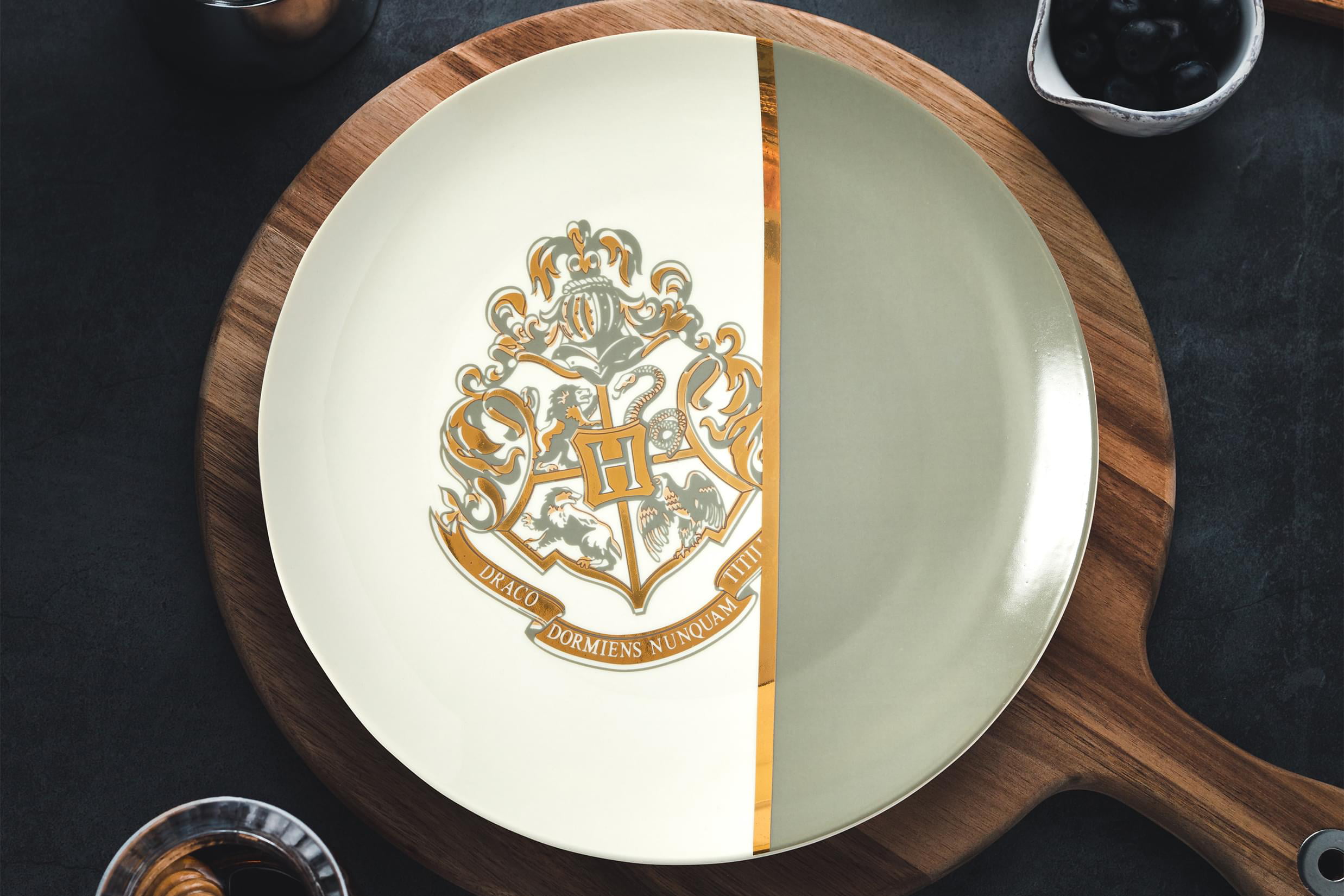 White & Grey Design Features School of Witchcraft & Wizardry Motto & Banner Harry Potter Hogwarts Gold Crest 4-Piece Ceramic Plate Set 10.25 Large Round Dinnerware Fun Porcelain Dishware Gift 