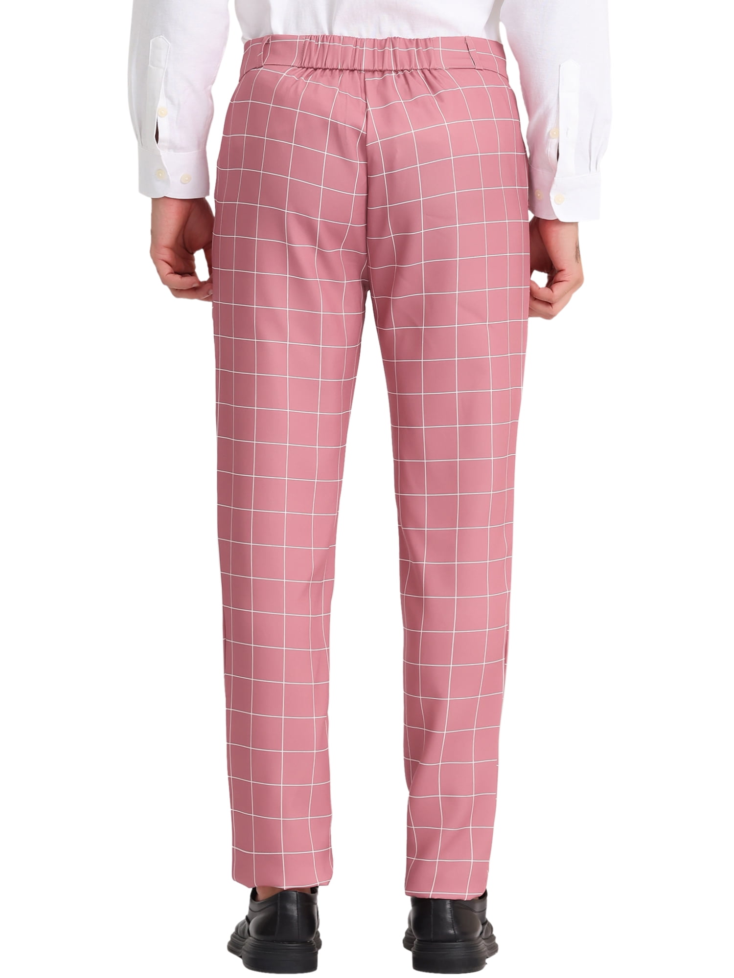 Unique Bargains Men's Plaid Printed Straight Leg Business Casual Checked Pants 30 Pink White