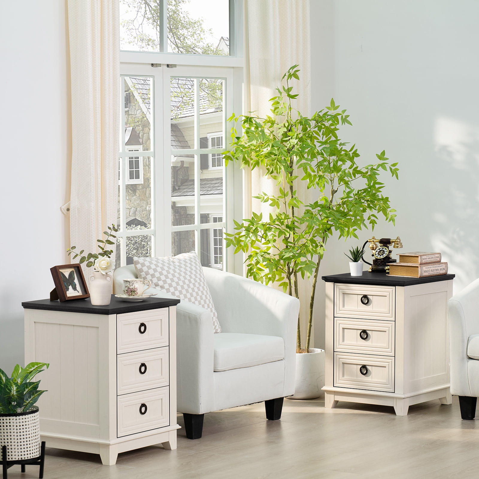 Joaxswe Farmhouse Nightstand with 3 Drawers, Modern 18" Wide End Table Night Stands Mid Century Small Wooden Bedside Table, White