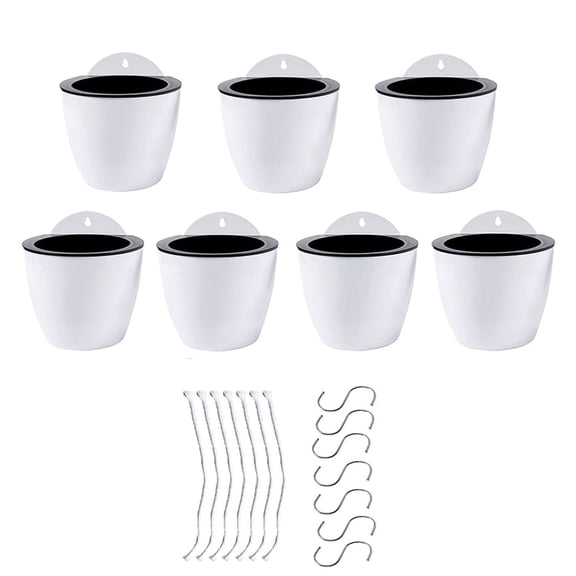 7Pack Self-Watering Plant Flower Pot Wall Hanging Plastic Planters with Hooks White