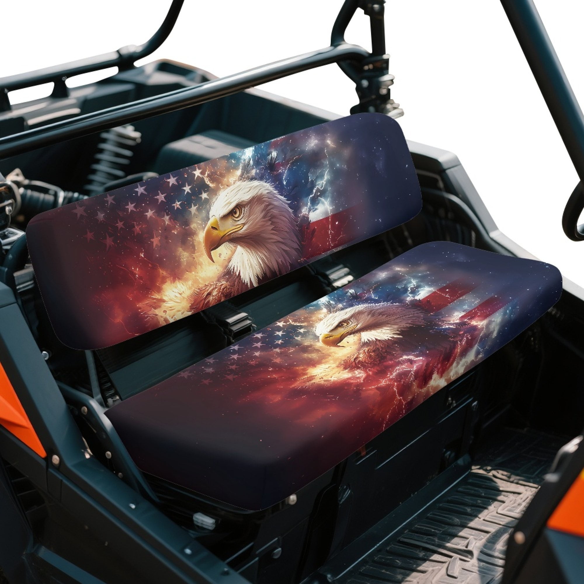 ZIATUBLES Universal UTV Front Seat Covers, 2-Pack Fits for Kawasaki Mule, Waterproof, Scratch-Resistant and Easy-Clean Protective Covers for Outdoor Farm Ranch (Bald Eagle USA Flag)