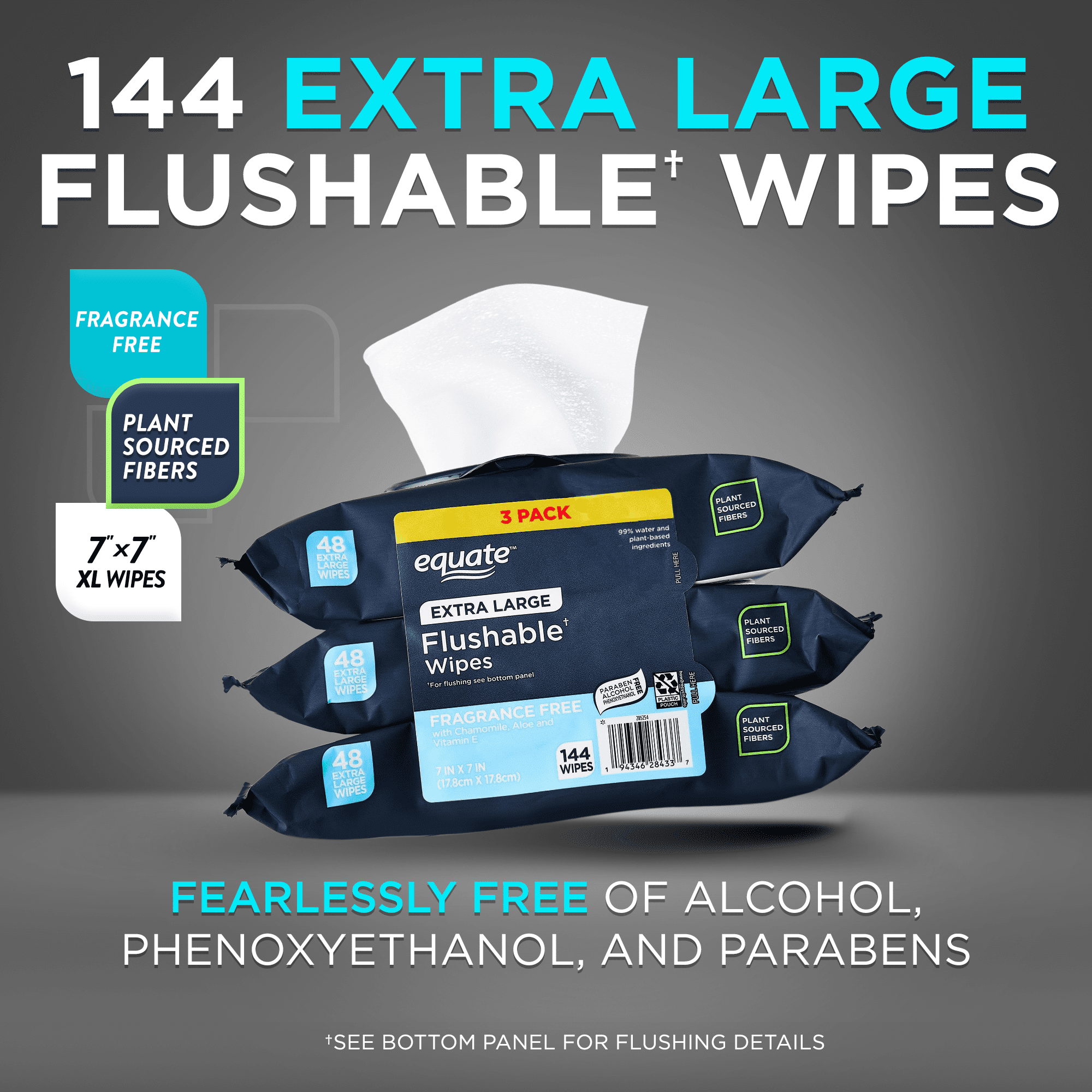 Equate Extra Large Flushable Wet Wipes, Fragrance Free, 144 Wipes, 3 Pack