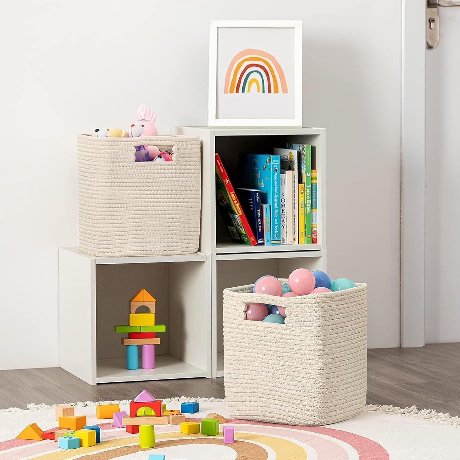 HBlife Set of 4 Storage Cubes-11 X 10.5 X 10.5 In, Cotton Rope Basket with Handles,Beige