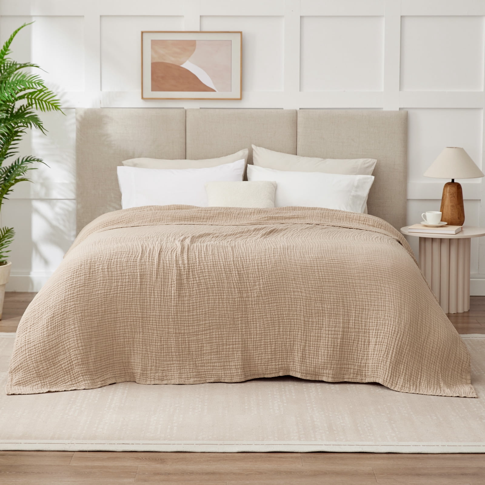 100% Cotton Muslin Blanket 50"x 70", 6 Layers Lightweight and Breathable Throw Blankets for Couch, Soft Cooling Gauze Blanket for Adults All Season, Linen Beige
