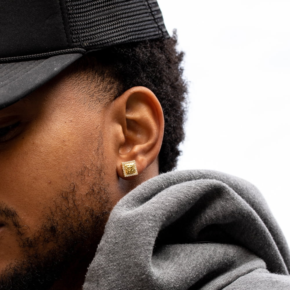 Square Shape 14K Yellow Gold Plated 925 Sterling Silver Screw Back Post 3D Large Retro 90's Hip Hop Ice Out Cz Hypoallergenic Big 10mm Solid Gold Textured Nugget Stud Earrings For Men