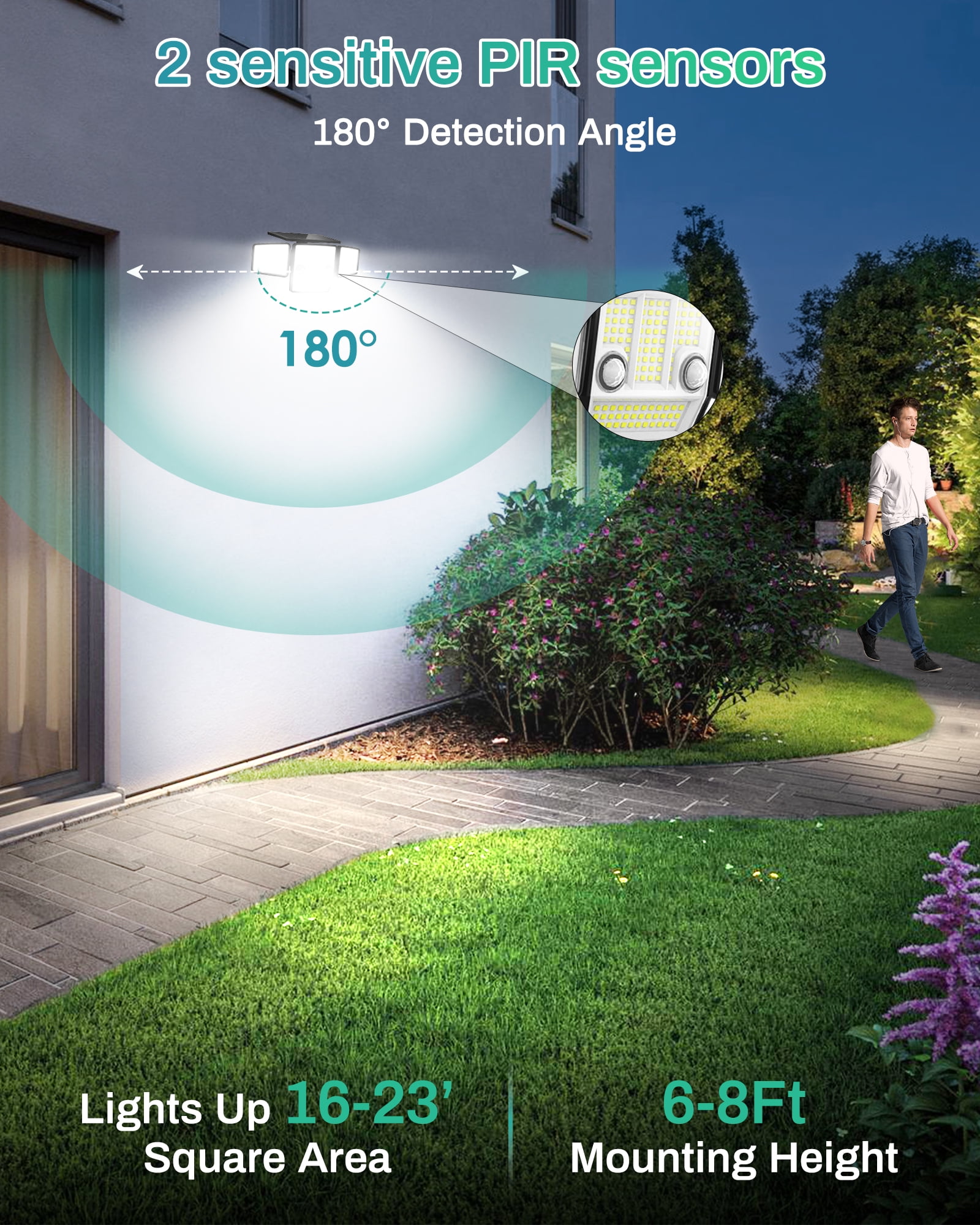 HAARAY Solar Motion Sensor Outdoor Lights 2500LM with Ground Stake, 3-Head Adjustable 236 LED Super Bright Solar Wall Security Flood Lights Outdoor Waterproof IP65 for Outside House Porch, 1 Pack