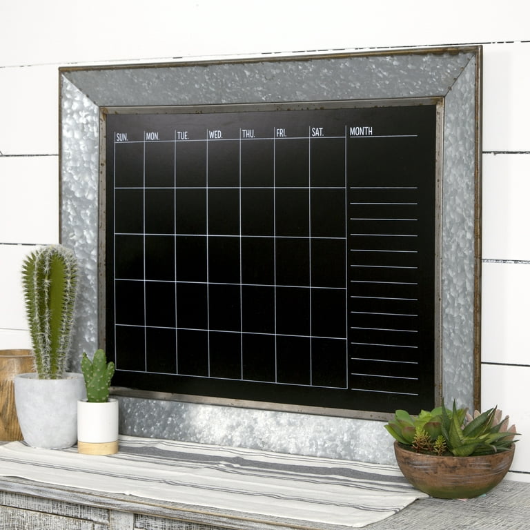 Wall Mounted Galvanized Silver Metal Dry Erase Board Calendar with Brown Wooden Frame