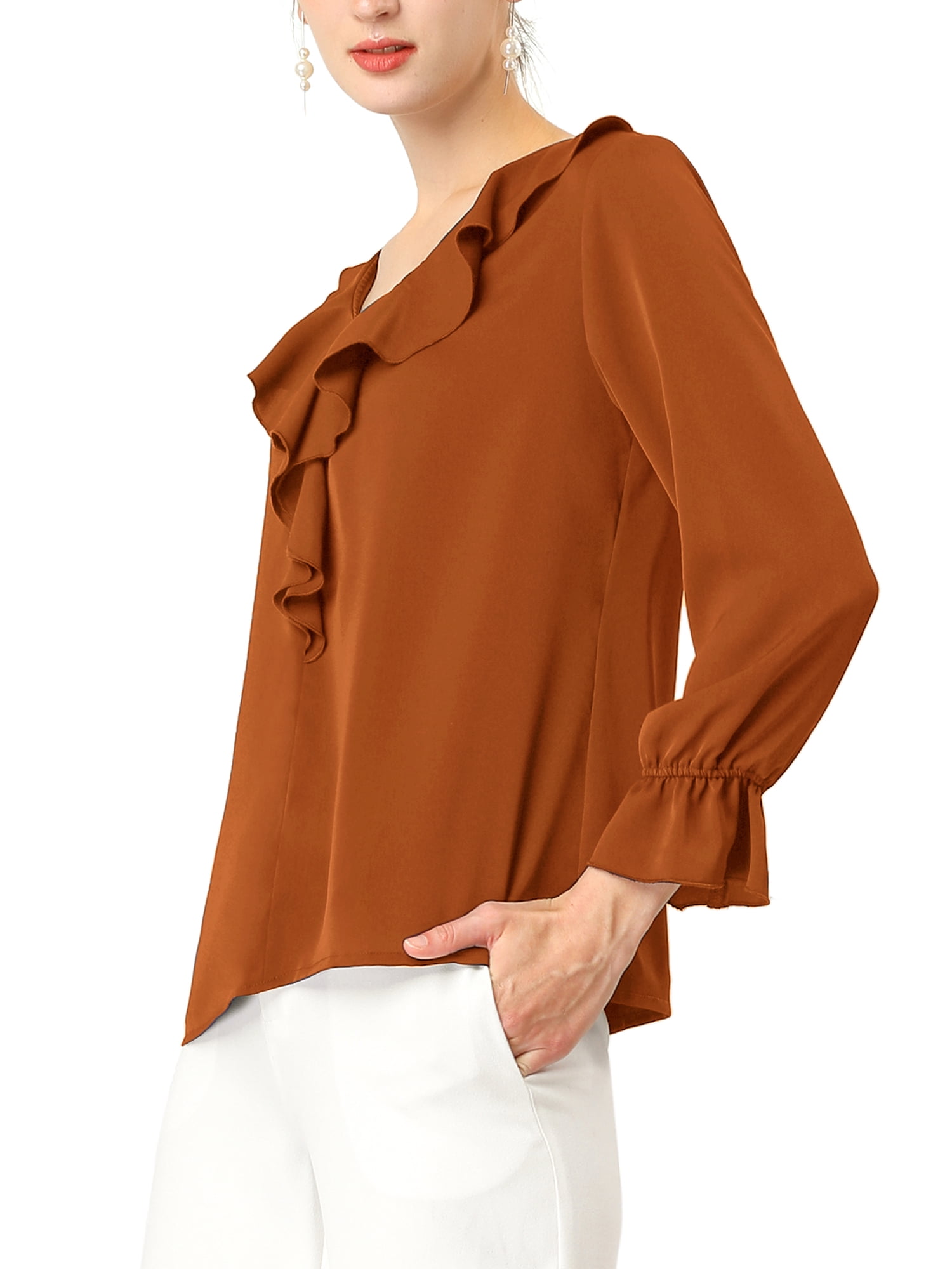 DARING DIVA Women's Ruffle V Neck Chiffon Peasant Blouse M Brown