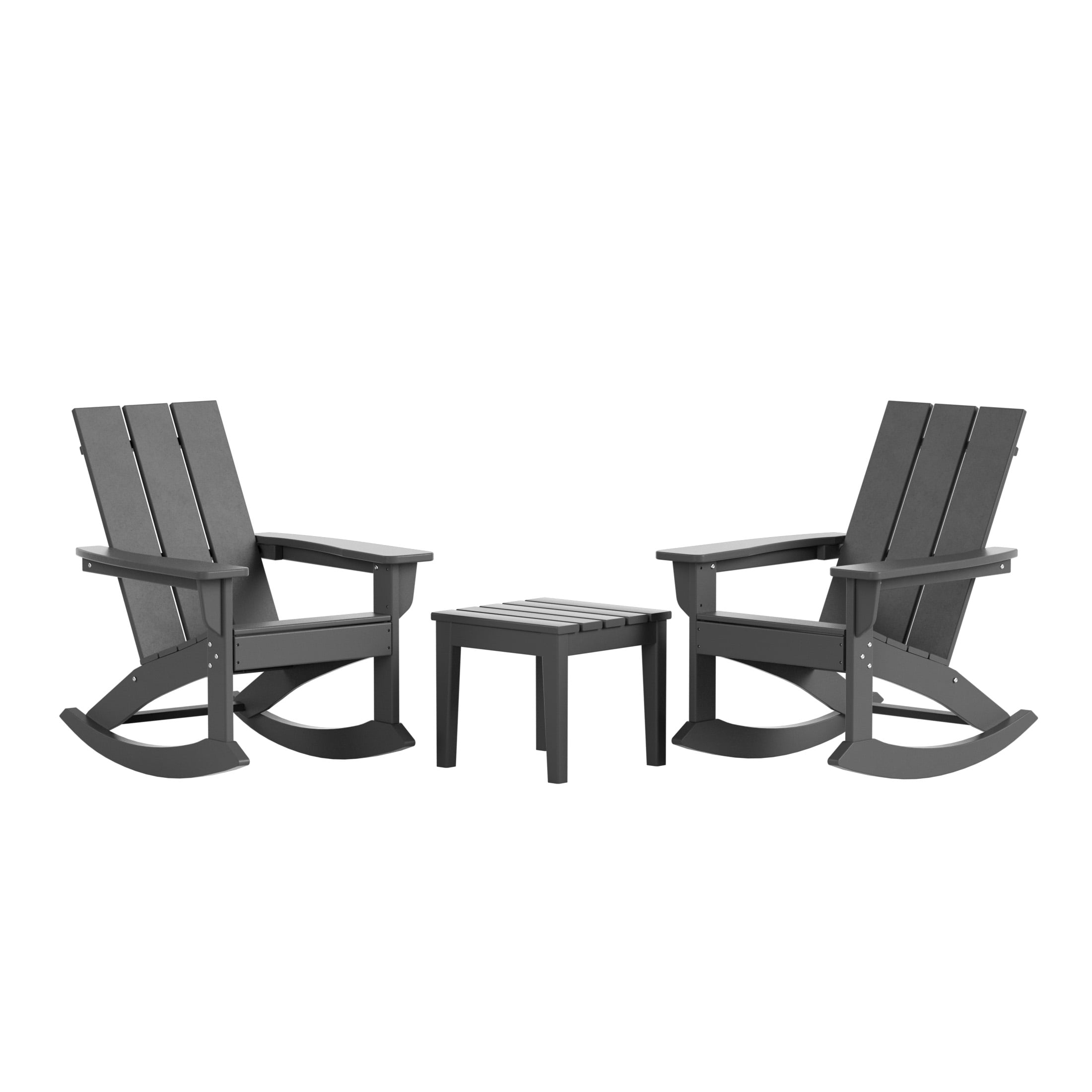 WestinTrends Ashore 3 Piece Patio Rocking Chair Set, All Weather Poly Lumber Adirondack Rocker Bistro Set Porch Patio Chairs Set of 2 with Large Side Table, Gray