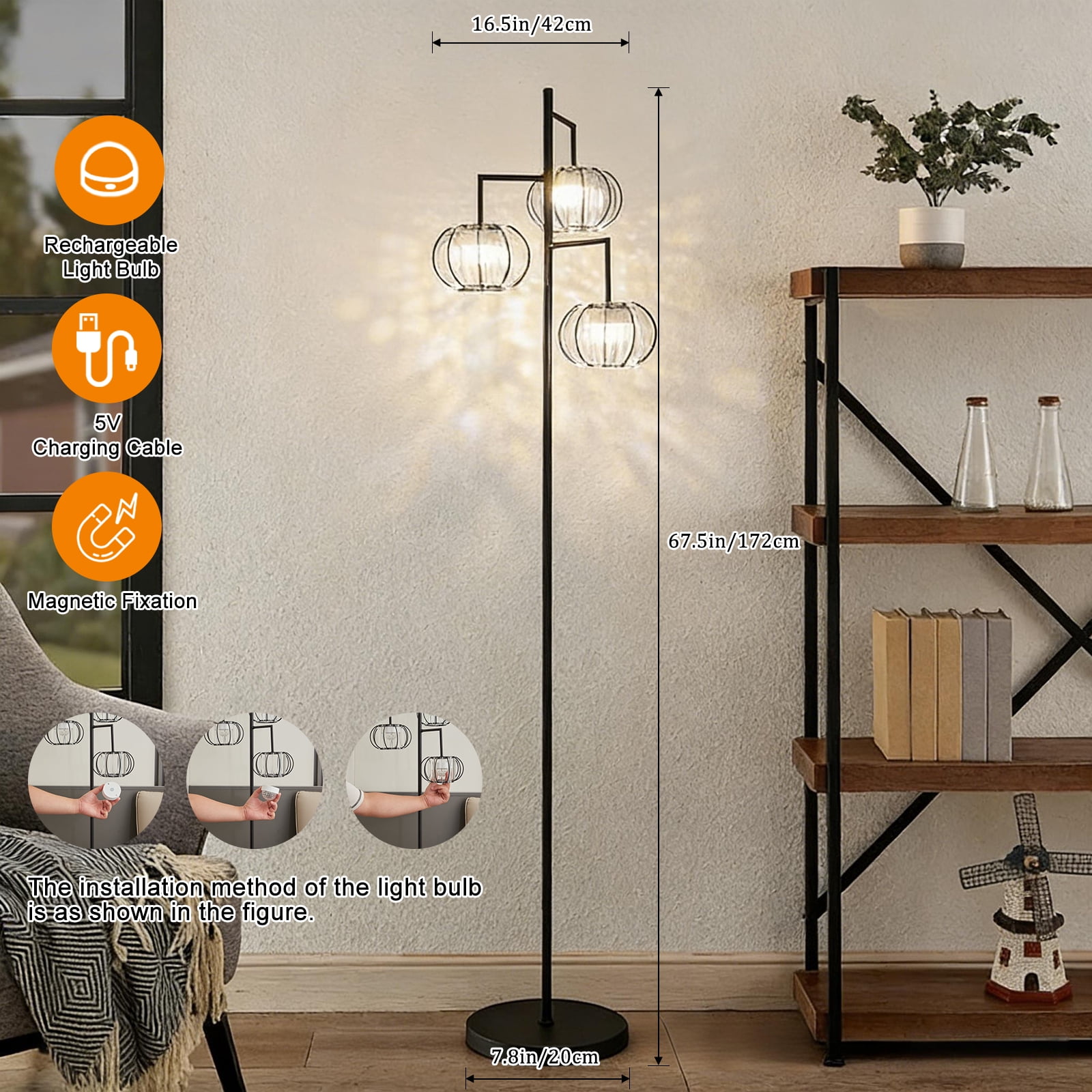 Modern 3-Light Crystal Floor Lamp with RGB Rechargeable Bulbs, Remote Control, Dimmable Ambient Standing Lamp for Living Room Bedroom Decor