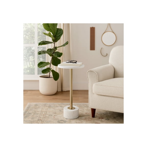 Round End Side Table or Small Night Stand for Room Decor - Metal Bedside Table with Marble Top for Home, Bedroom, or Living Room Styling - Slim Accent Display for Small Spaces - 25", Gold & Metallic