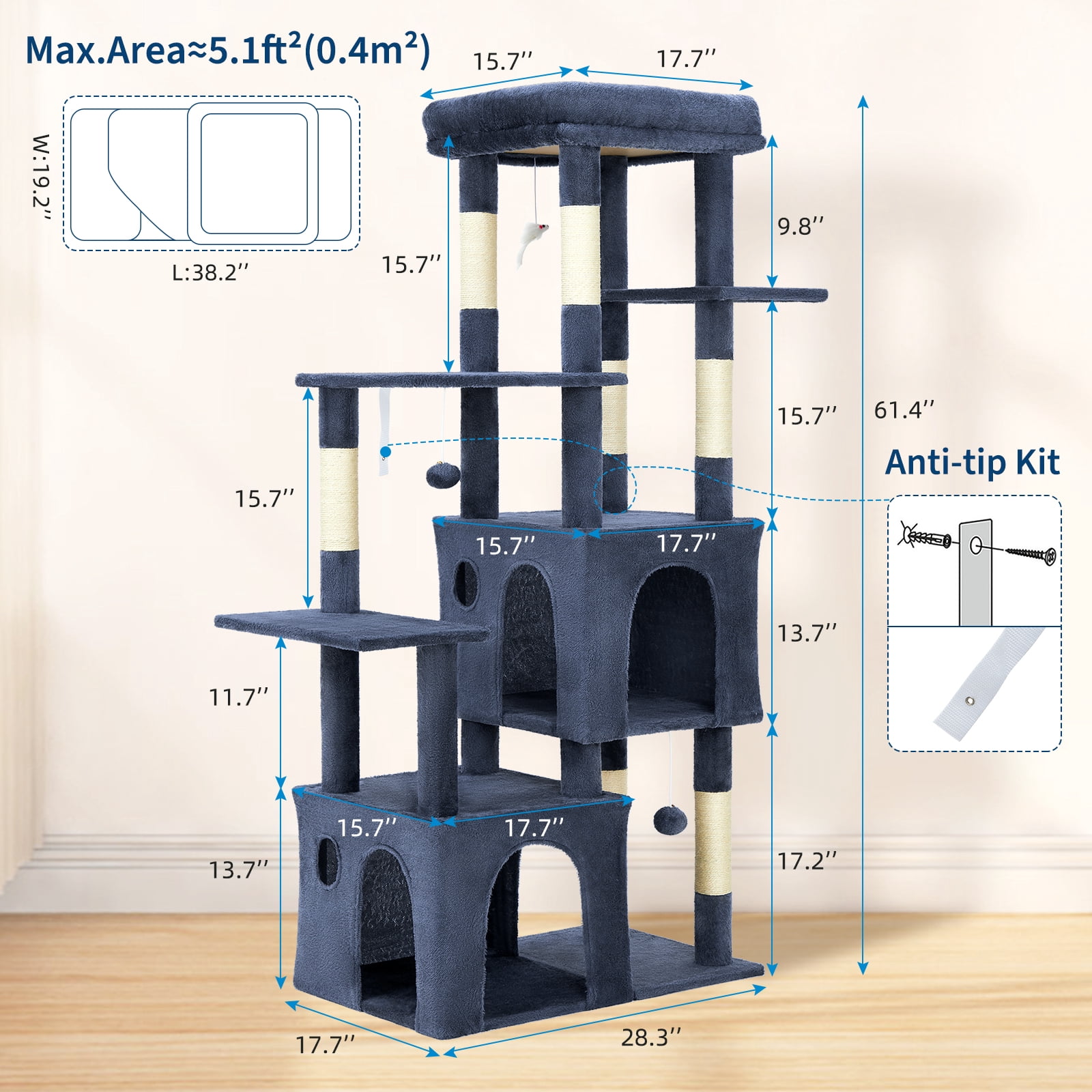 Babevy 61" Maine Coon Cat Tree, Heavy-Duty Tower with Extra-Large Perch, 2 Condos & 7 Sisal Scratching Posts for Large Indoor Cats