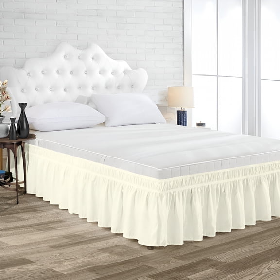 AUQ 2026 New King Size Tailored Drop Wrap Around Solid Bed Skirt with Adjustable Elastic Belt Microfiber Fabric Fade&Wrinkle Resistant Bed Frame Cover Easy to Fit&Care (15" Drop,Ivory)