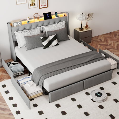 Full Size Modern Metal Platform Bed Frame with Storage Headboard and 4 Drawers, RGB LED Lights and Charging Station, No Box Spring Needed, Grey