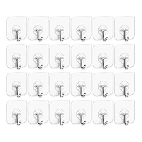 Roll Back Adhesive Hooks Utility Hooks - 24 Packs 22lbs Heavy Duty Wall Hooks Waterproof Reusable Seamless Sticky Hook for Bathroom Kitchen Wall Door Ceiling and More Transparent Command Hooks