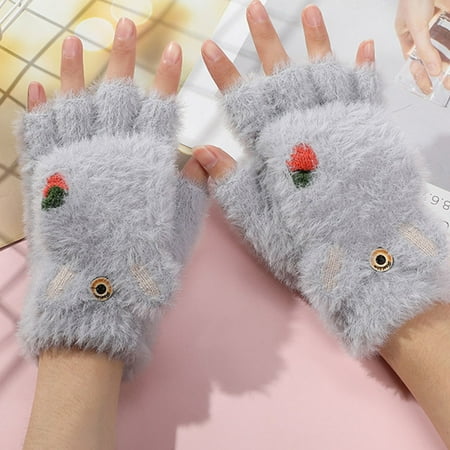 

Zhaomeidaxi Plush Gloves Soft Half Finger Thick Girls Cold-resistant Cartoon Plush Gloves for Winter