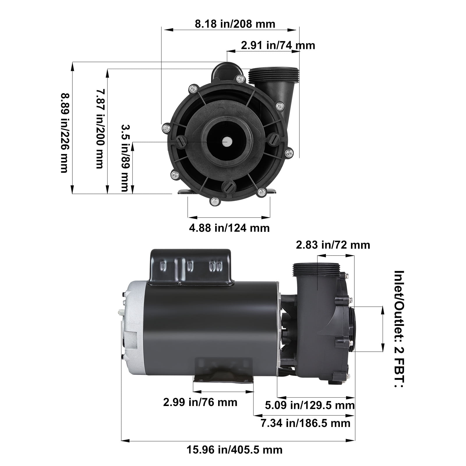 KFFKFF Dual Speed SPA Pump, 56-Frame, AC 220-240V Hot Tub SPA Pump, 4HP/210GPM/65.61ft High Speed or 0.7HP/103GPM/16.07ft Low Speed, 2" Port 90° Rotational Interface for Hot Tub