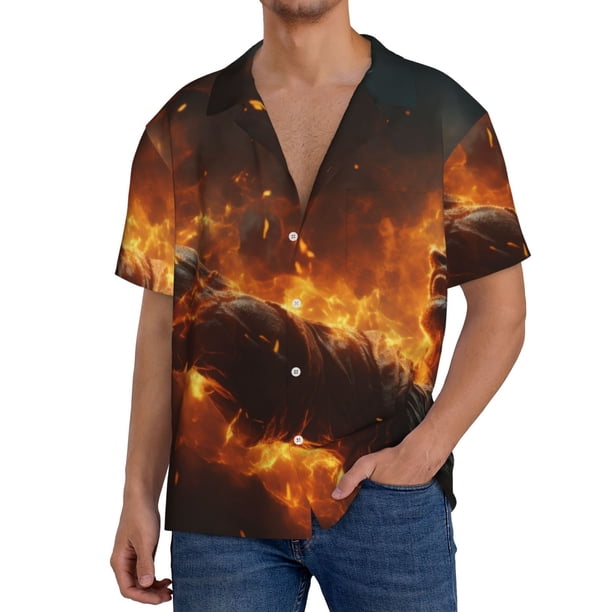Fotbe Cool Fire Man Camisa Estampada de Manga Corta para Hombre, Casual de Verano, Estilo Playero, Sin Arrugas-Large