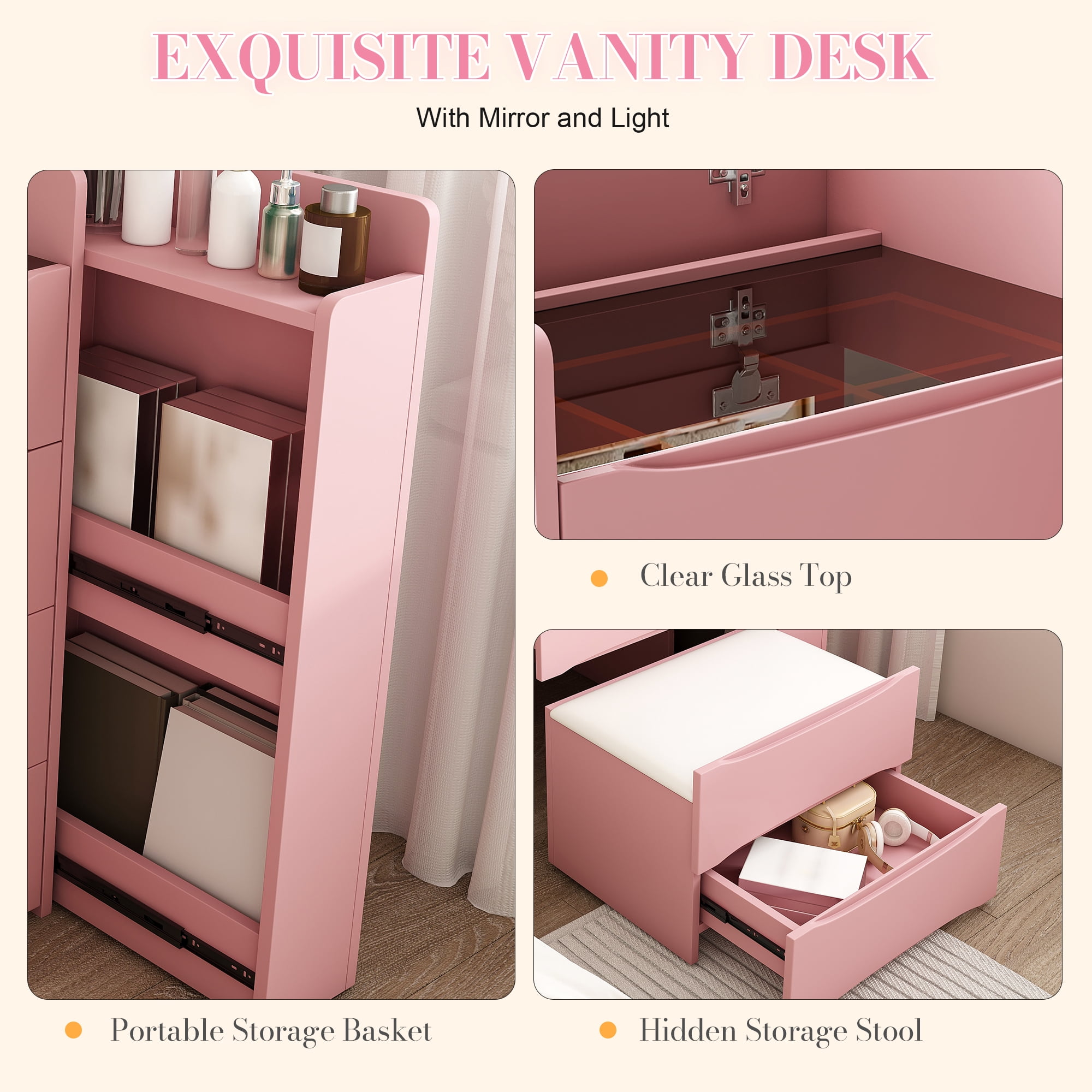 3-in-1 Flip Mirror Vanity Desk with Lights & Storage, Makeup Dressing Table with Adjustable LED, Side Sliding Tray and Stool, Space-Saving Furniture for Bedroom(Pink)