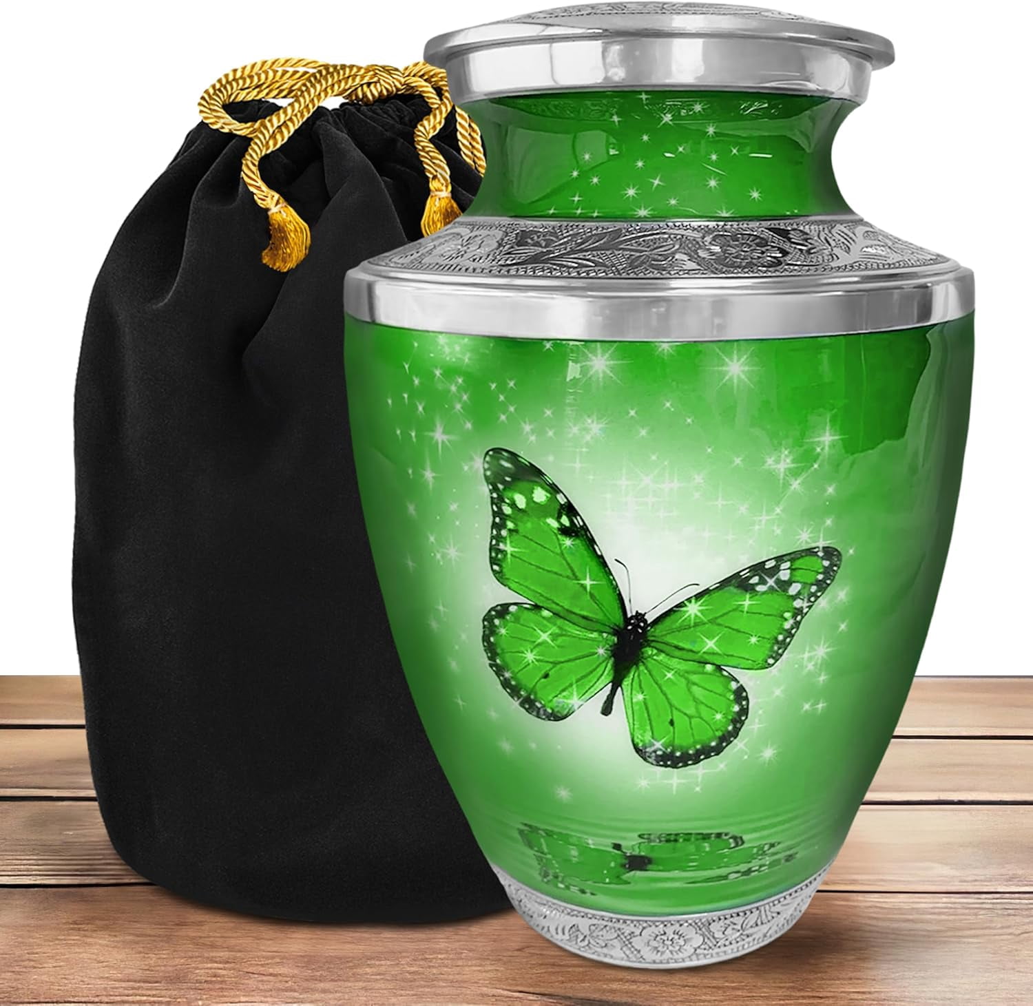 Everlight Memorials Green Butterfly Adult Large Cremation Urn for Human Ashes – With Velvet Bag