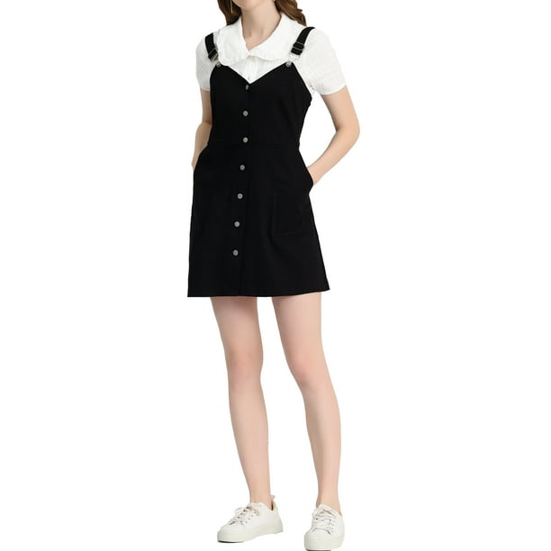Vestido de tirantes ajustables para mujer Inspire Chic, por encima de la rodilla, con botones y bolsillos, color negro, talla M