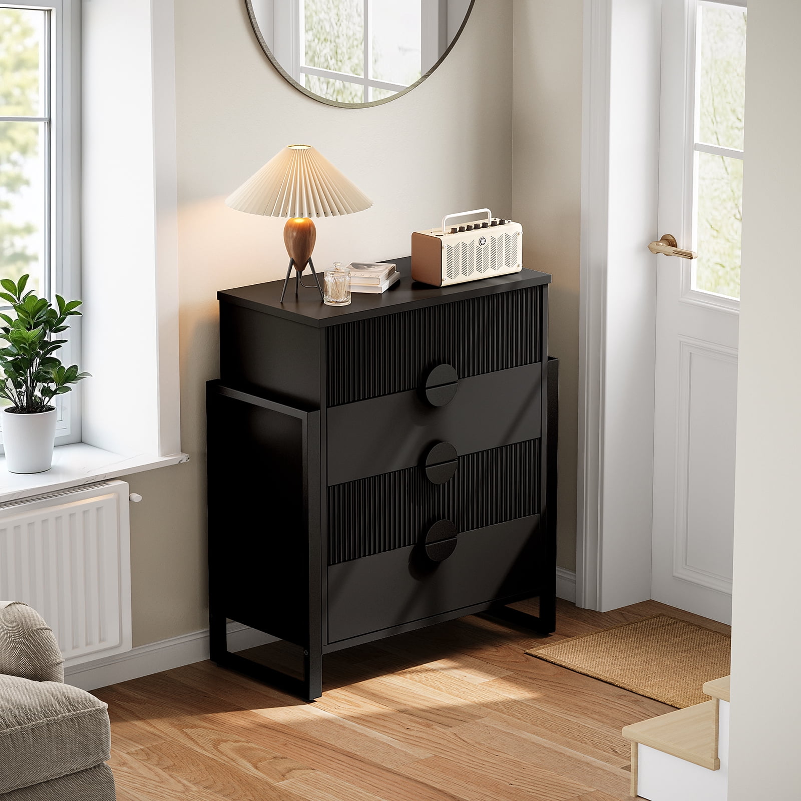 Dressers for Bedroom, 4 Drawers Fluted Dresser with Metal Handles, Modern Chest of Drawers Storage Cabinet for Living Room, Entryway,Black