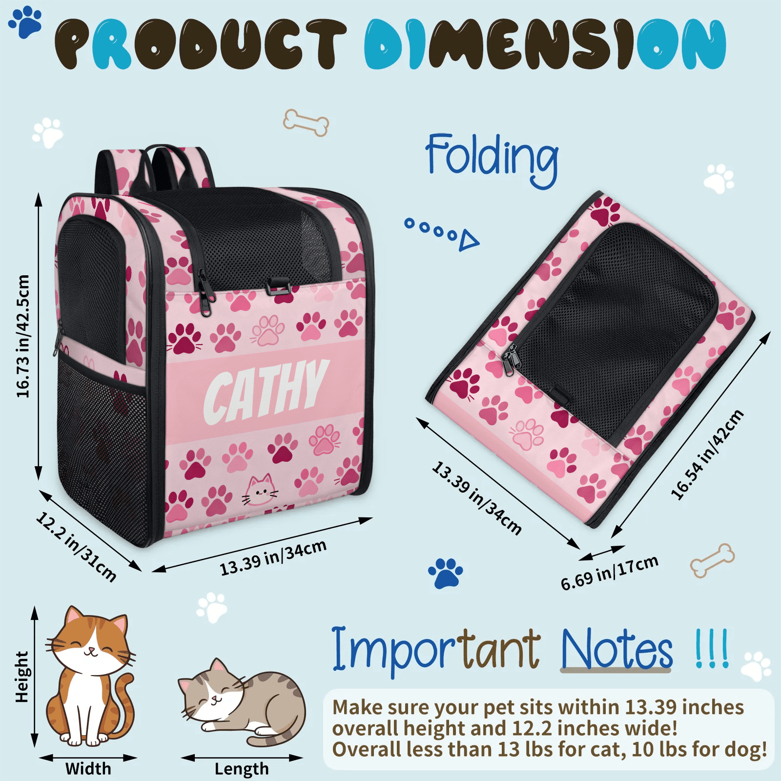Personalized Cat Backpack Carrier, Custom Name Pet Carrier Bag for Small Cats and Puppies, Breathable Mesh Travel Backpack for Hiking, Walking, Gifts for Cat Lovers