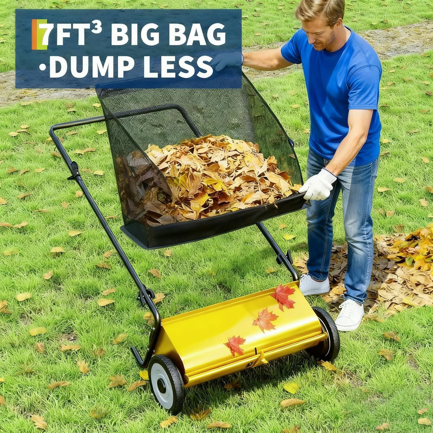 Riedhoff 26" Push Lawn Sweeper,4 Spinning Brushes, 7 Cu. Ft Capacity Collection Bag, Adjustable Height, Yellow