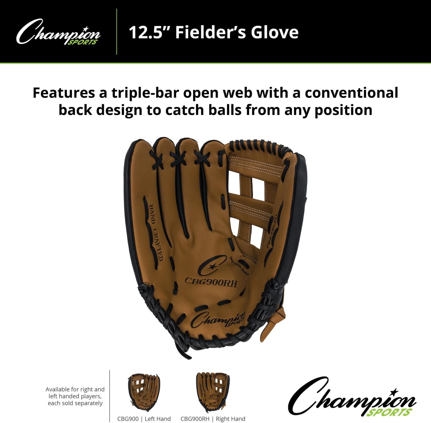 Champion Sports 12" Glove | Synthetic Leather Back and Front | Triple Bar Open Web and Conventional Back Design | Deep Set Pocket | Age: Adult Large-H.S. | Right-Handed Glove