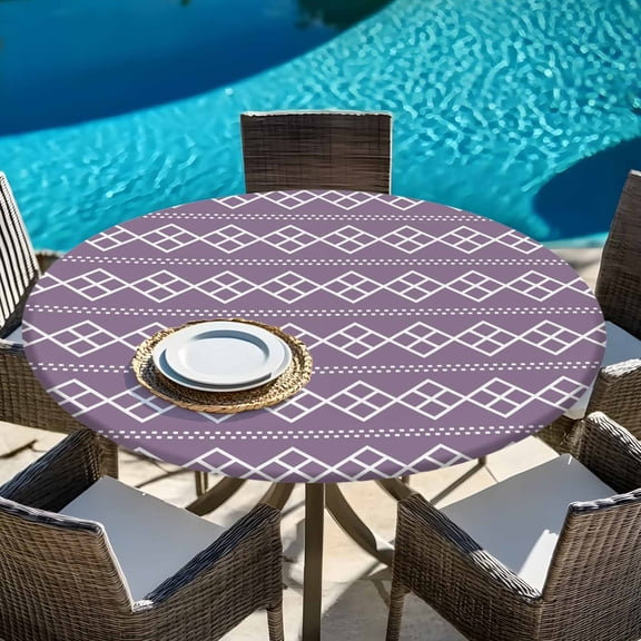 Geometric White Purple Square Dot Round Fitted Tablecloth with Elastic Edge,Waterproof Table Cloth Fits Tables Up 45"-54",Wipeable Table Cover for Indoor Outdoor Dinning,Modern Abstract Check Texture