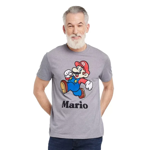Super Mario Men's Short-Sleeve Graphic T-Shirt (Gray, Small, S)