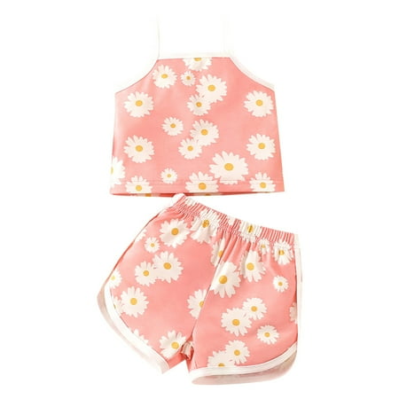 

BJUTIR Girls Summer Outfits Toddler Kids Baby Female Pink Sweet Halter Tank Top T Shirt Suit Printed Two Piece Shorts Suit