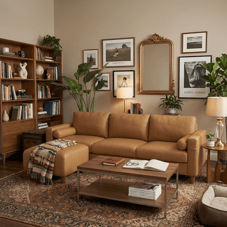 Neche 100" Faux Leather Couch with Movable Ottoman, 3 Seater L Shaped PU Leather Sofa with Side Pocket, Comfy Mid Century Modern Modular Sectional Couch for Living Room, Apartment, Camel